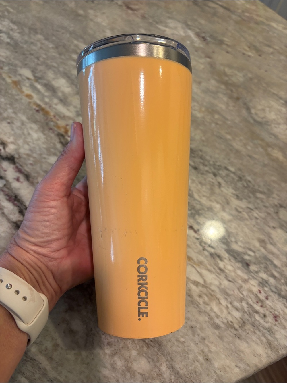Corkcicle 24 oz Peach-Orange Insulated Tumbler with Clear Lid
